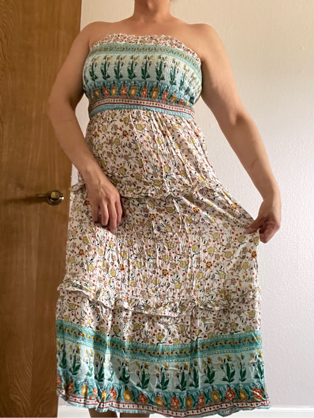 Boho Strapless Floral Maxi Dress in Teal and Cream